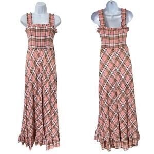 Sundays Beau Smocked Crystal Plaid Maxi Dress Size M‎ Ruffle Hem Linen Blend